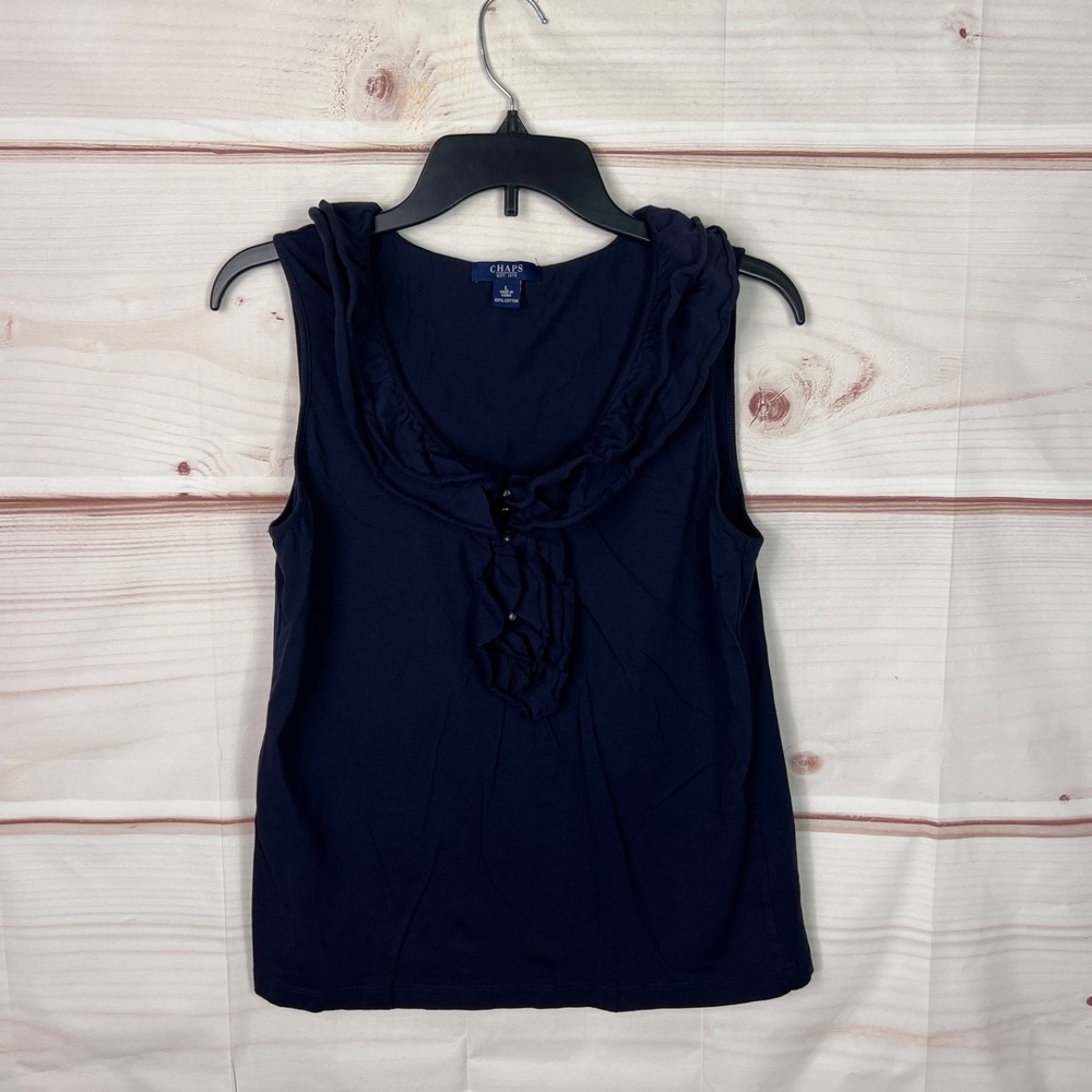 Chaps Top Womens Large Blue Ruffle Tank Sleeveless Scoop Neck Solid‎ Cotton Knit